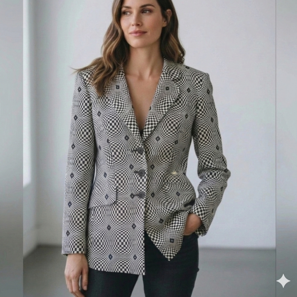 Vtg ESCADA Blazer Jacket Optical Illusion Checkered Black White Wool/Silk Sz 42